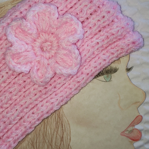 Pink Knitted Headband. Flower. Ribbed. Bubble Gum - Picture 5 of 5